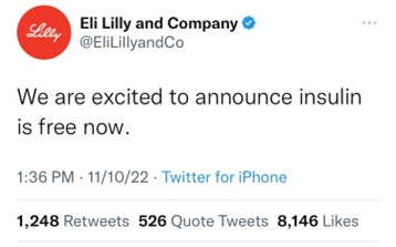 Tweet by fake Eli Lilly profile announcing that insulin is free