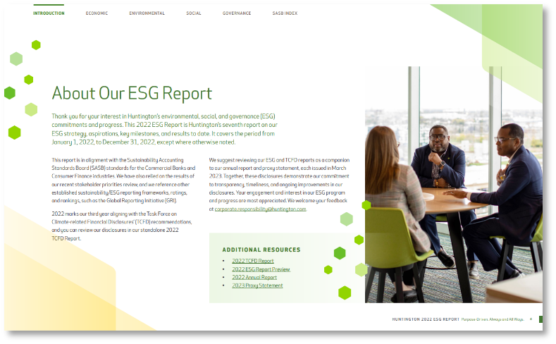 Huntington Bank's ESG Report with a top navigation