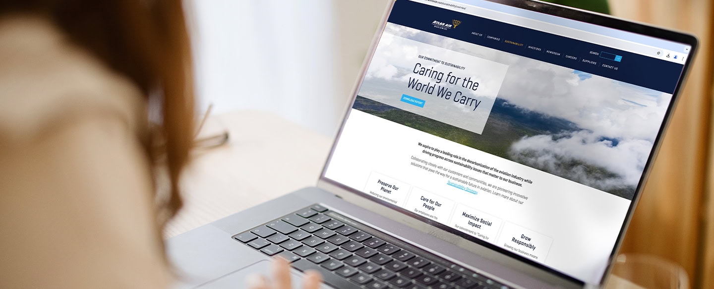 Computer screen with Atlas Air Worldwide's Sustainability webpage