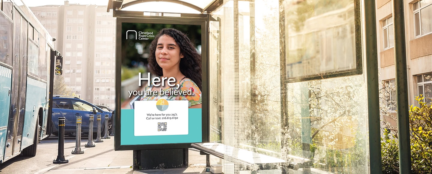 Kiosk with Cleveland Rape Crisis Center ad included